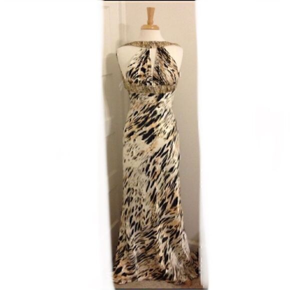 DAVE & JOHNNY Formal Prom Dress Gown Sz 7/8 Animal Print Open Back Satin Sequin - Picture 1 of 16